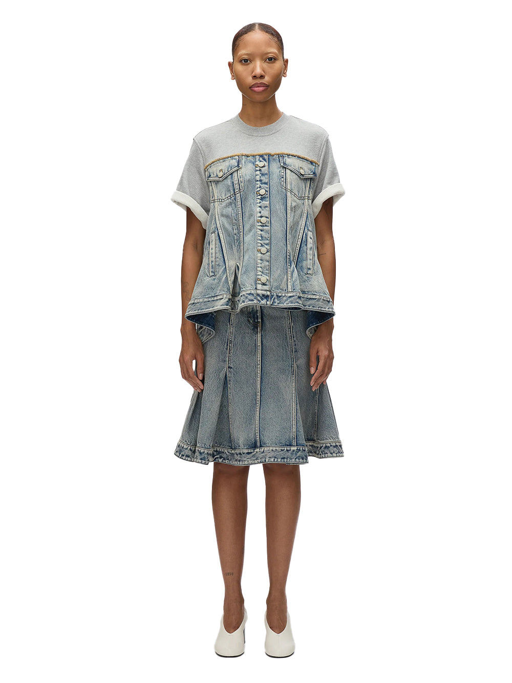 Flounce Hem Hybrid Denim Top (Washed Indigo-Grey)