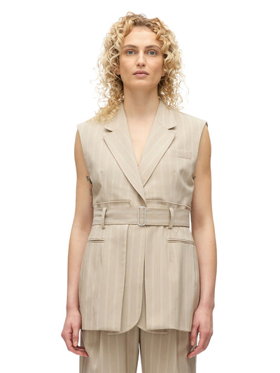 Fluid Pinstripe Belted Blazer Vest (Fawn)