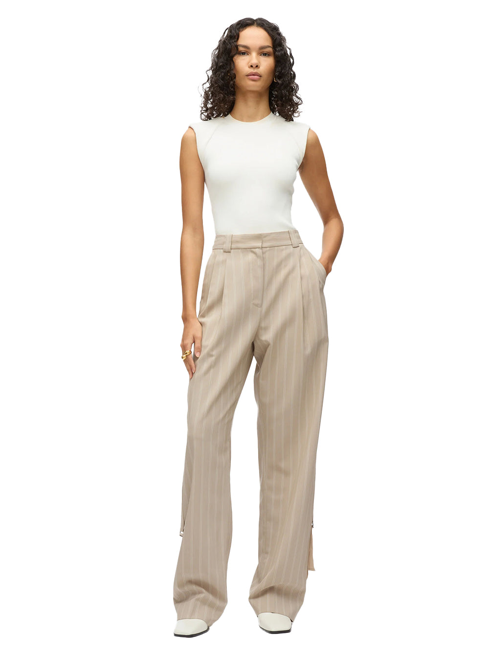 Fluid Pinstripe Single Pleat Pants (Fawn)