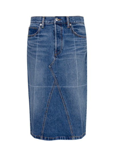 Foldline Denim Midi Skirt (Vintage Marbled Blue)