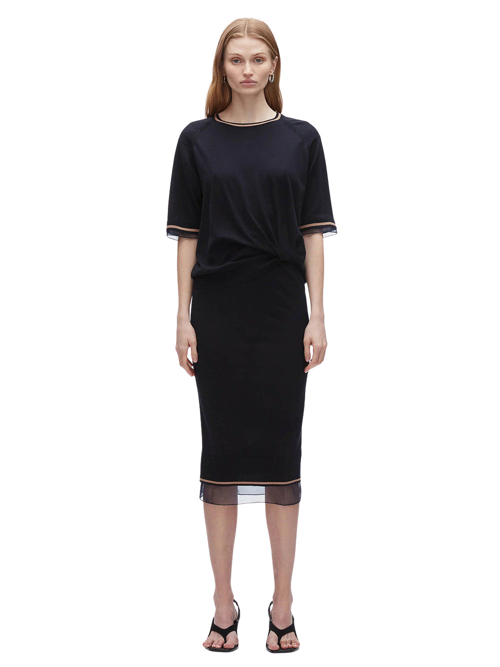 French Tuck Knit Dress With Organza (Navy)