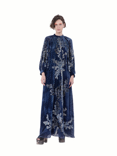 Mix Velvet Fil Coup Long Dress Navy
