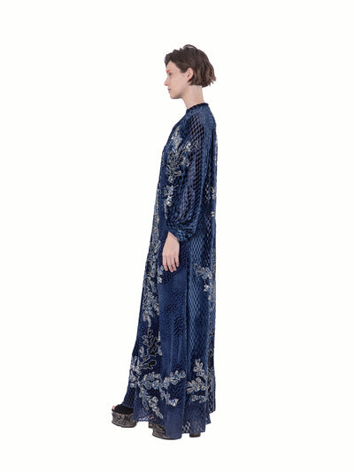 Mix Velvet Fil Coup Long Dress Navy