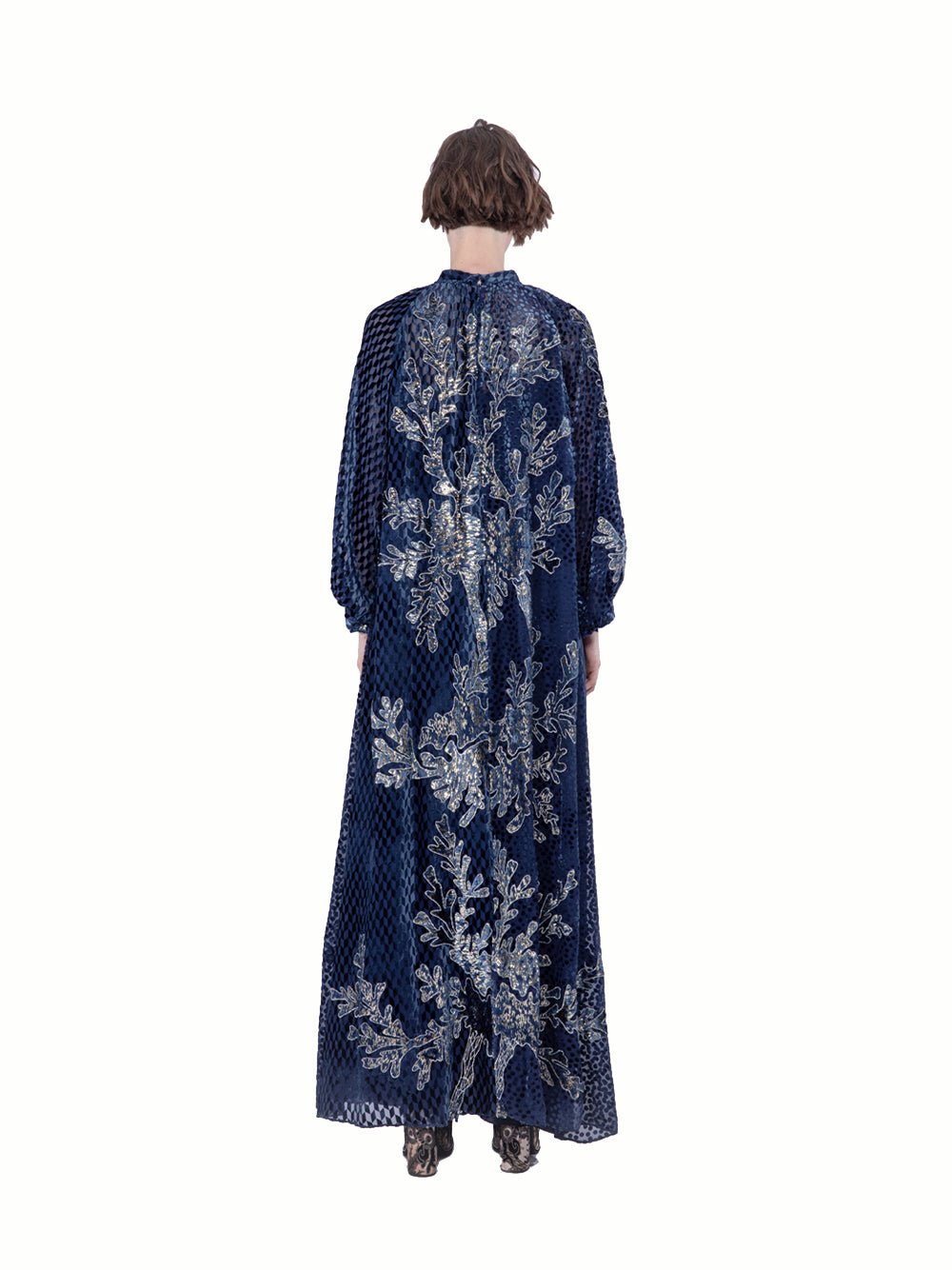 Mix Velvet Fil Coup Long Dress Navy