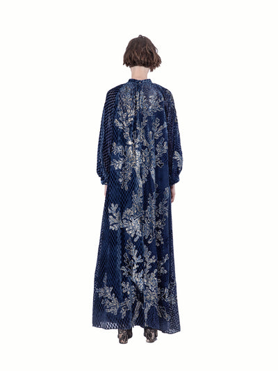 Mix Velvet Fil Coup Long Dress Navy
