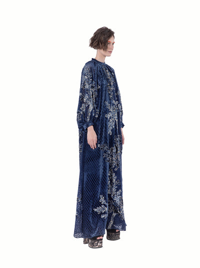 Mix Velvet Fil Coup Long Dress Navy