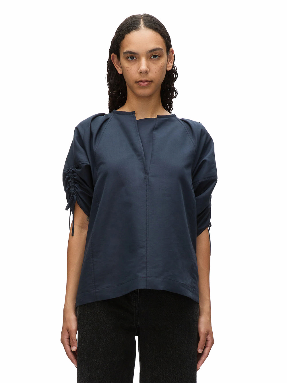 Gathered Sleeve Band Collar Top (Midnight)