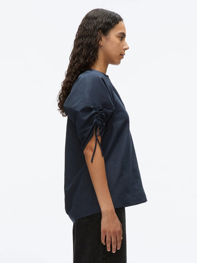 Gathered Sleeve Band Collar Top (Midnight)