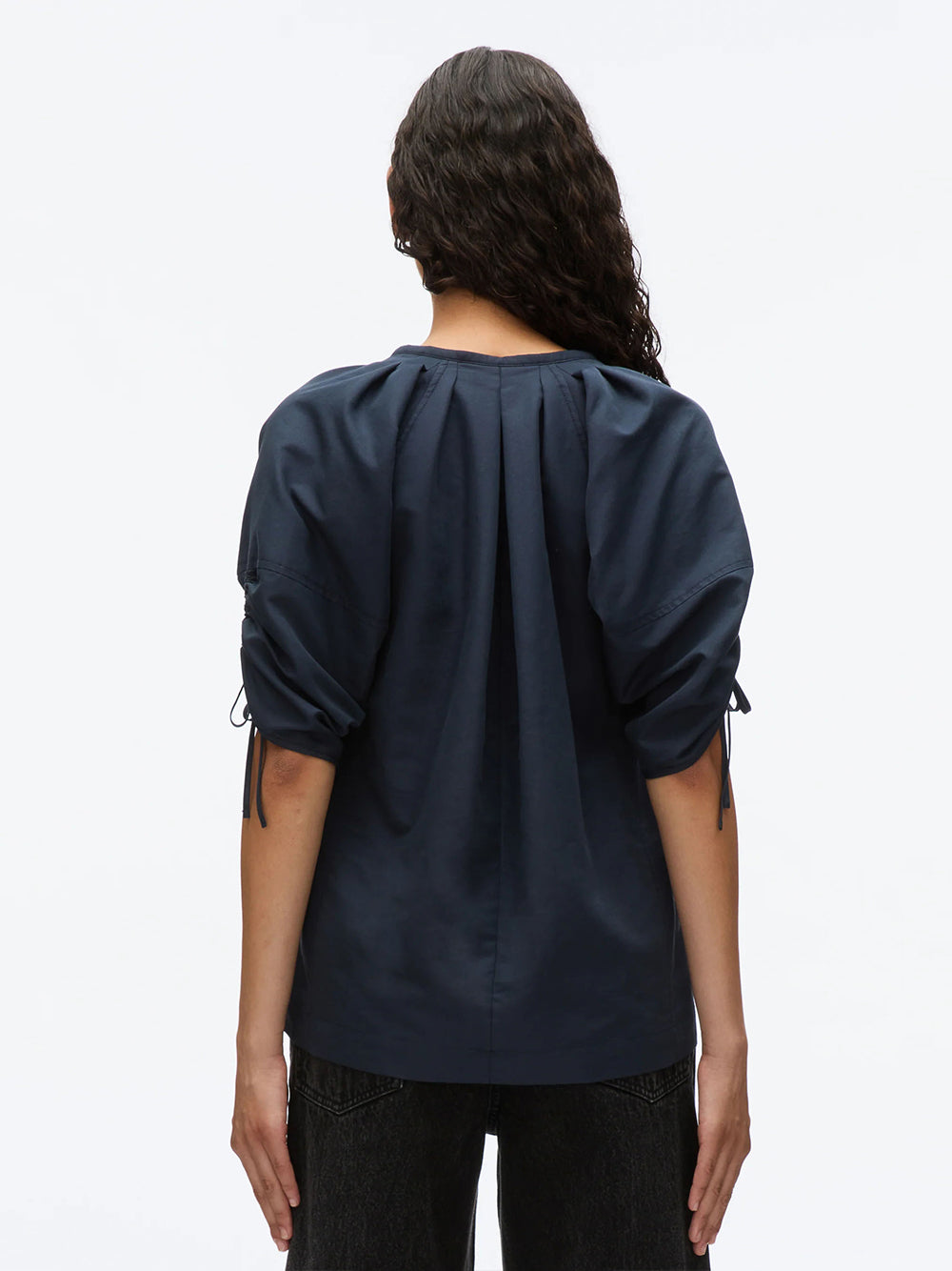 Gathered Sleeve Band Collar Top (Midnight)