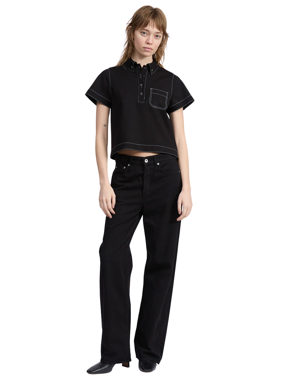 Irina Contrast Stitch Polo Top (Black)