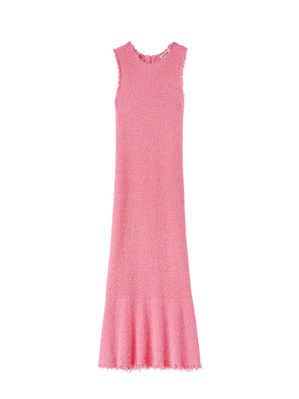 Cotton Viscose Textured Bouclé Sleeveless Long Dress With Flared Hem And Frayed Edges Electric Pink