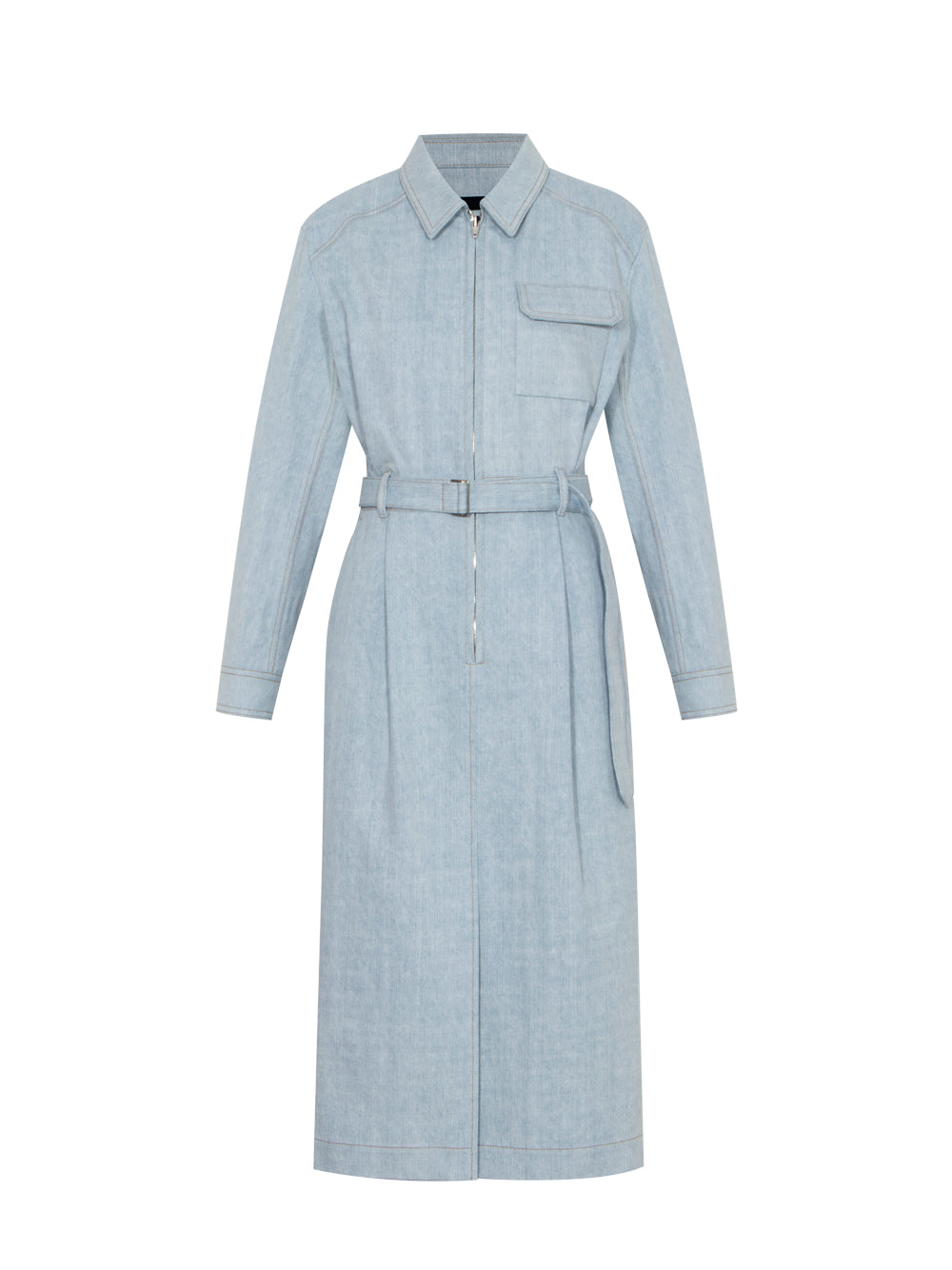 Denim Belted Shirt One Piece (Sky Blue)