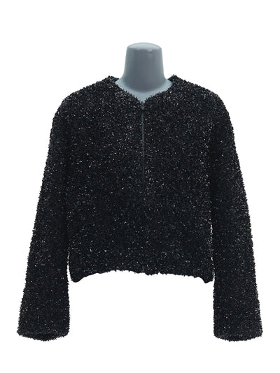 Metal Quilted Round Neck Cardigan (Black)