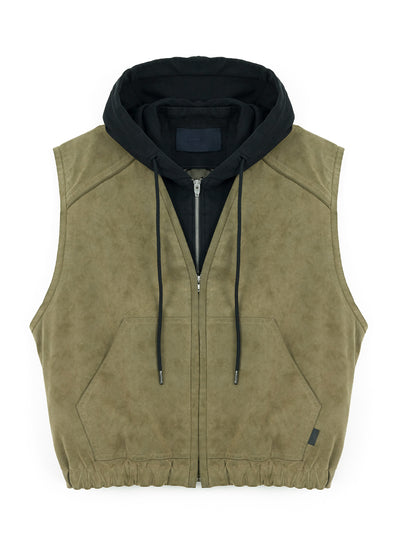 Hood Layered Quilted Vest Khaki