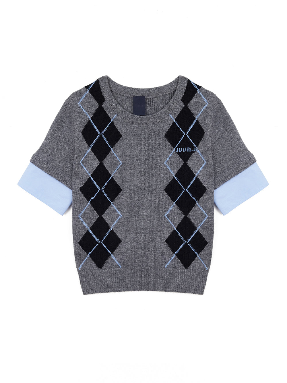 Woven Sleeve Patched Argyle Pullover Grey