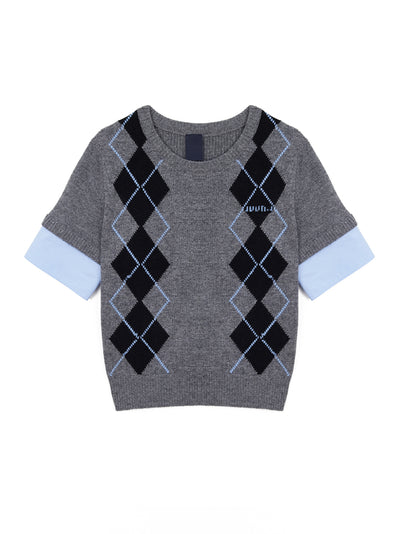 Woven Sleeve Patched Argyle Pullover Grey