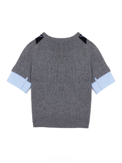 Woven Sleeve Patched Argyle Pullover Grey