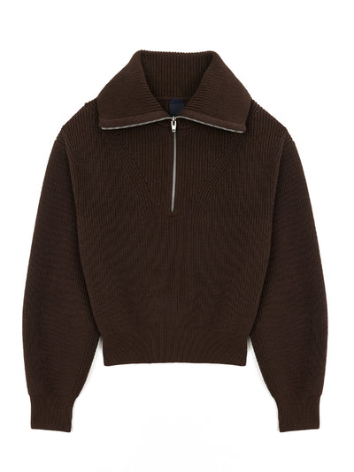 High-Neck Zip-Up Pullover Brown