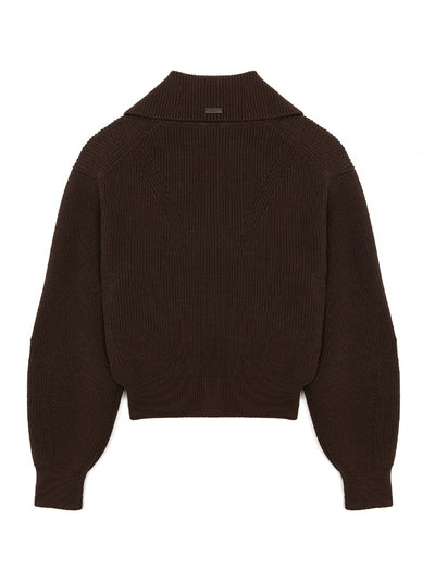High-Neck Zip-Up Pullover Brown