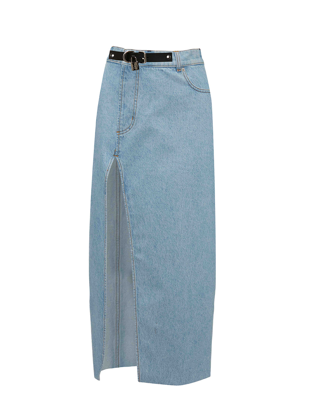 Padlock Strap Long Slit Denim Skirt (Light Blue)