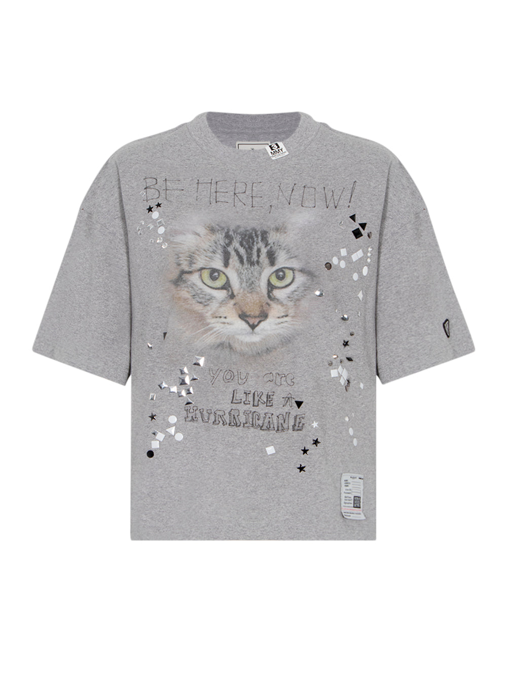 Cat Printed Embellished Distressed T-Shirt Gray