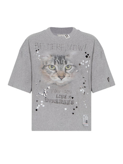 Cat Printed Embellished Distressed T-Shirt Gray