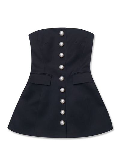 Pearl Buttons Wool-Blend Bustier Mini Dress (Black)
