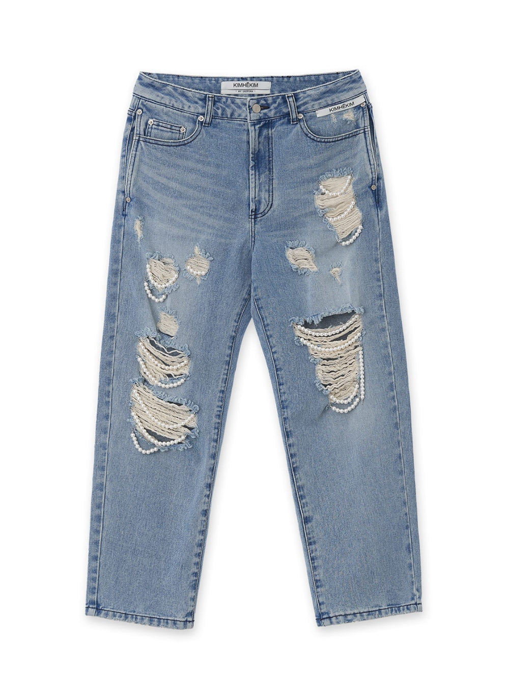 Pearl Embroidered Destroyed Denim Pants (Sky Blue)