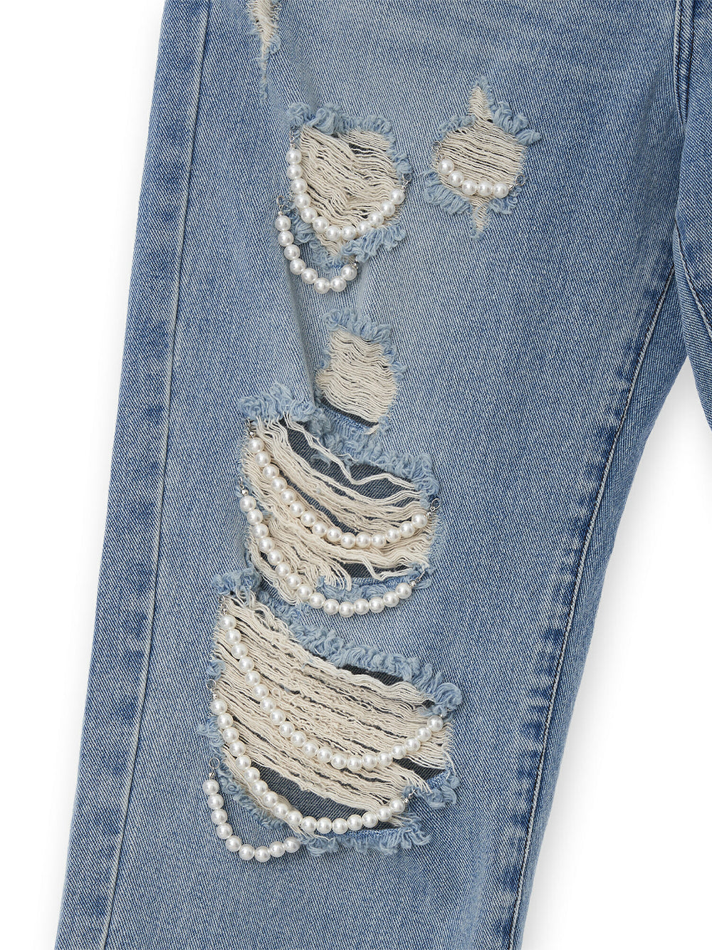 Pearl Embroidered Destroyed Denim Pants (Sky Blue)