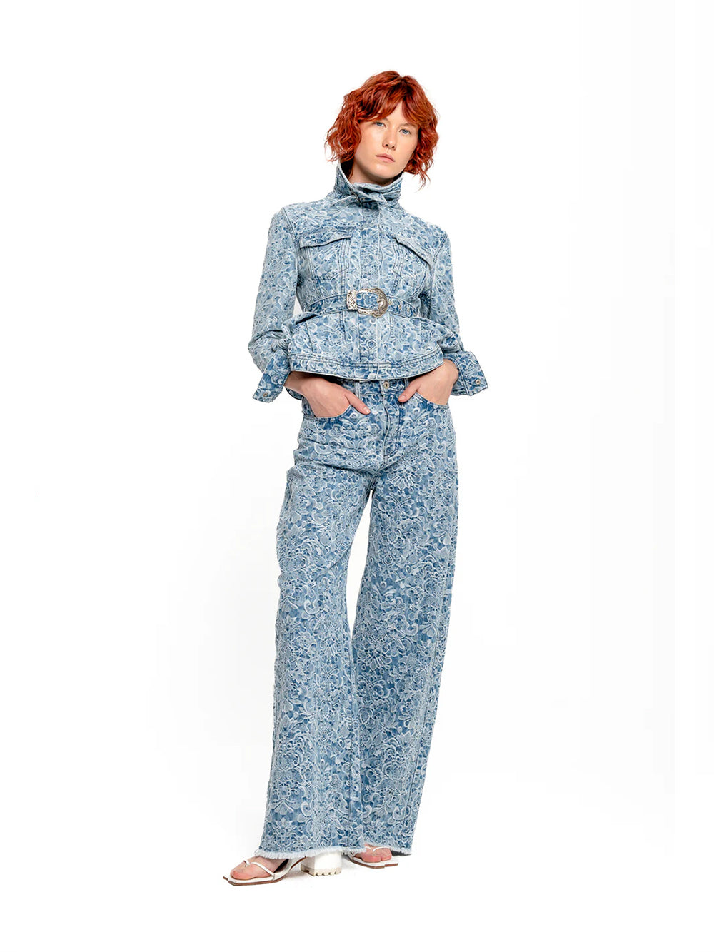 Brocade Denim Boyfriend Trousers Light Blue