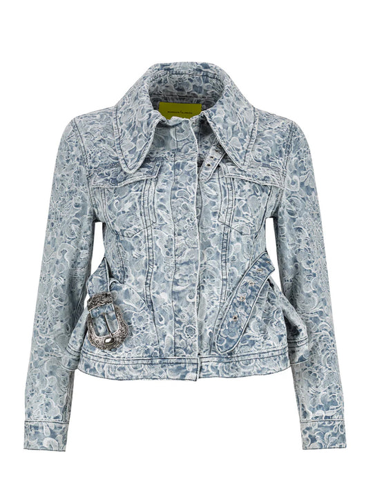 Brocade Denim Fitted Jacket With Embellishment Betl And Cinched Hip Light Blue