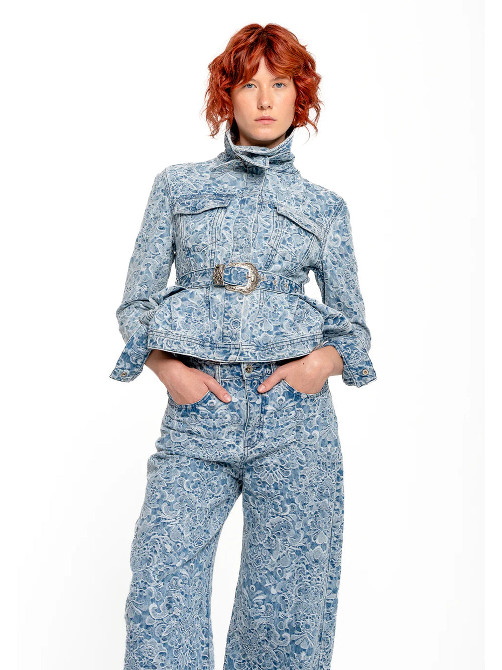 Brocade Denim Fitted Jacket With Embellishment Betl And Cinched Hip Light Blue