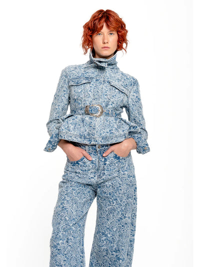 Brocade Denim Fitted Jacket With Embellishment Betl And Cinched Hip Light Blue