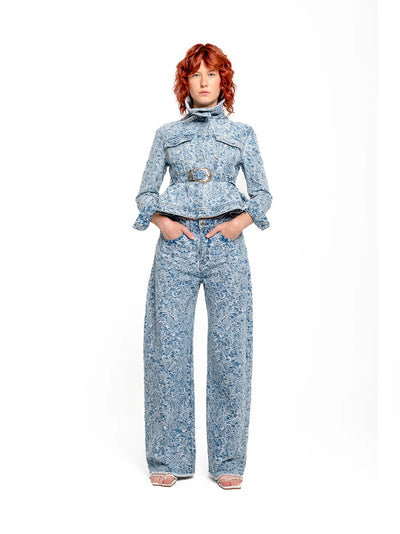 Brocade Denim Fitted Jacket With Embellishment Betl And Cinched Hip Light Blue