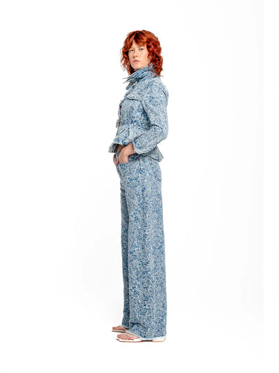 Brocade Denim Fitted Jacket With Embellishment Betl And Cinched Hip Light Blue