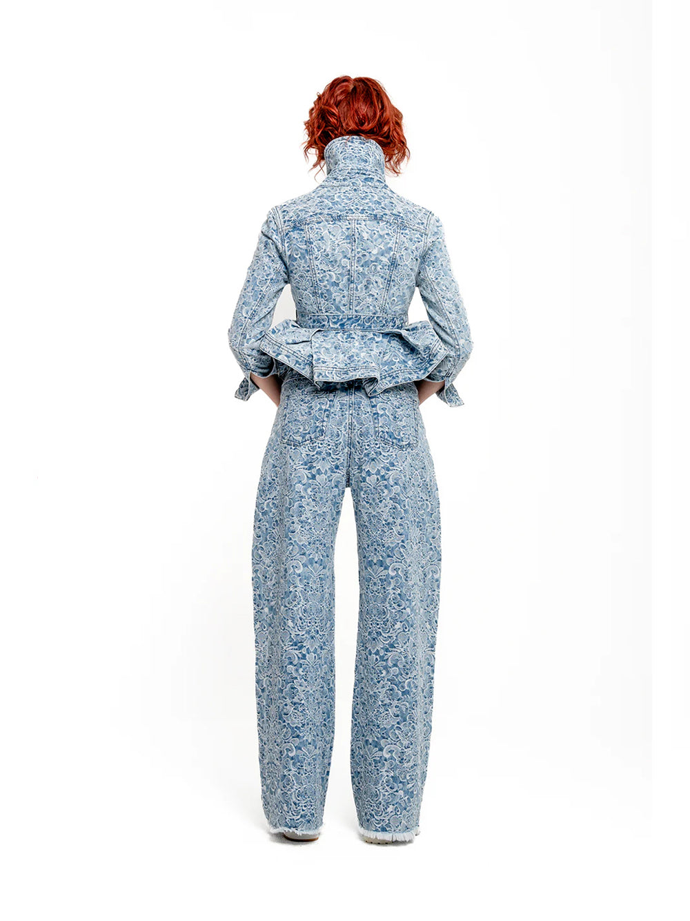 Brocade Denim Fitted Jacket With Embellishment Betl And Cinched Hip Light Blue