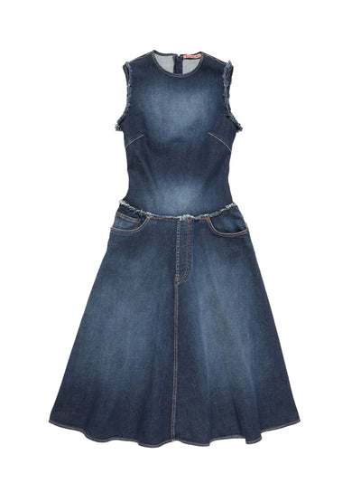 Layered Denim Midi Dress (Dark Blue)