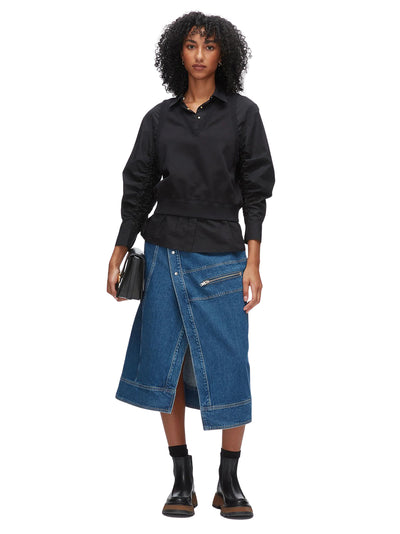 Layered Vest Ruched Sleeve Shirt (Black-Black)