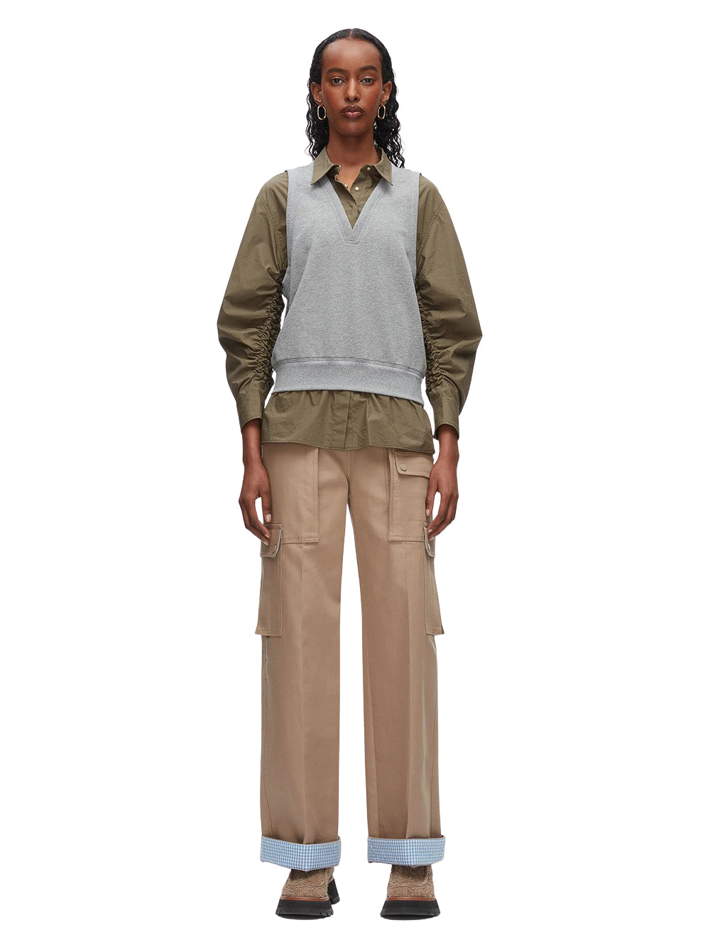 Layered Vest Ruched Sleeve Shirt (Grey Melange)