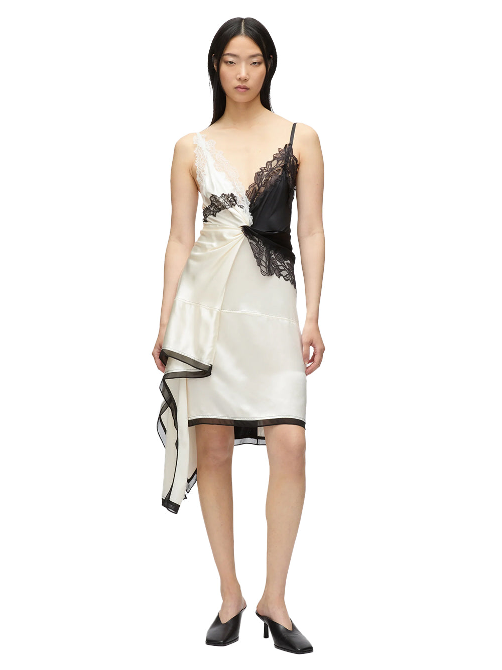 Liquid Satin Twist Slip Dress (Ivory-Black)
