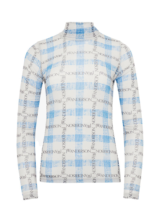 Logo Grid Check Print Long Sleeve Top (Blue)