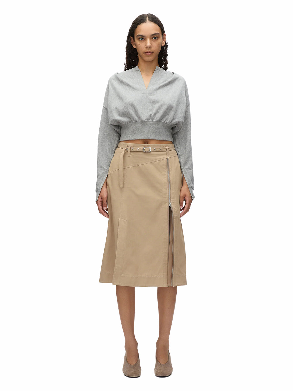 Long Sleeve Cropped Sweatshirt With Inseam Snaps (Grey Melange)