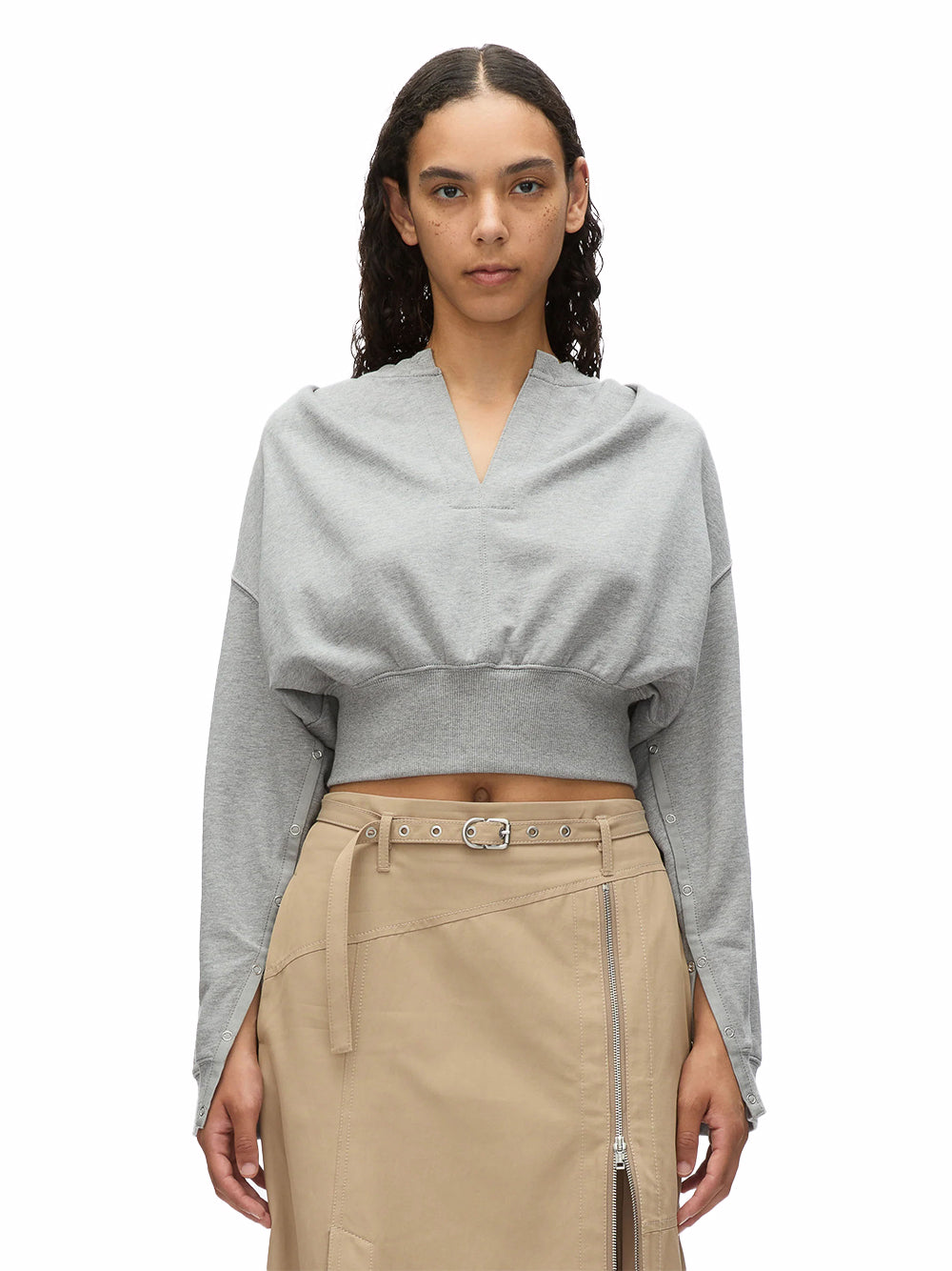 Long Sleeve Cropped Sweatshirt With Inseam Snaps (Grey Melange)