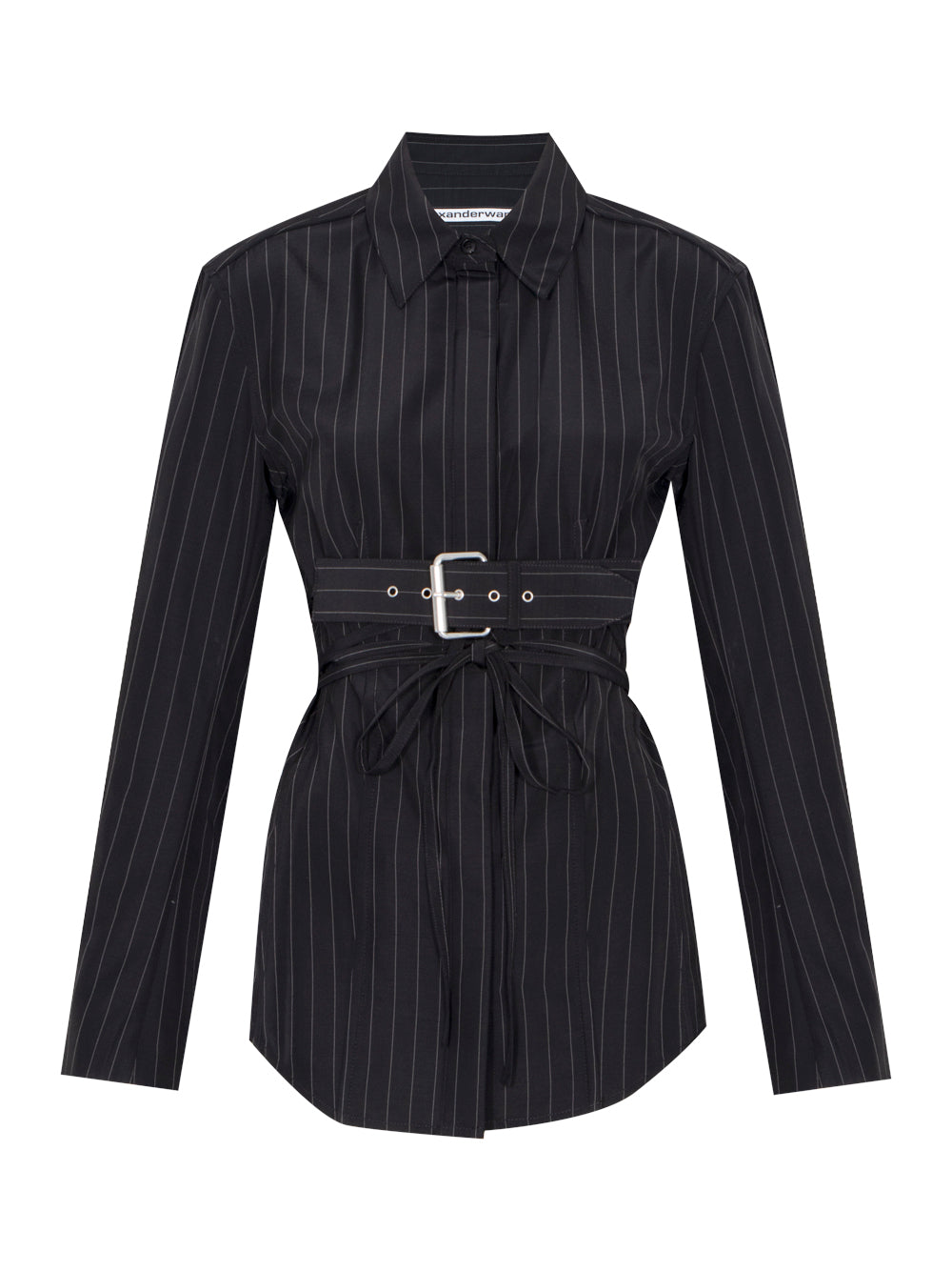 Long Sleeve Shirt W/ Back Slit Details + Self Belt (Black/White Pinstripe)