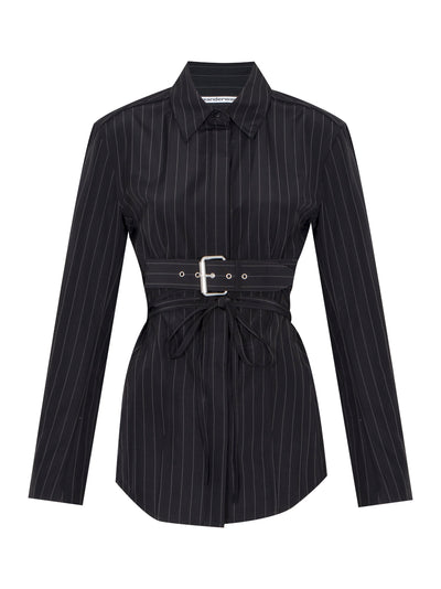 Long Sleeve Shirt W/ Back Slit Details + Self Belt (Black/White Pinstripe)