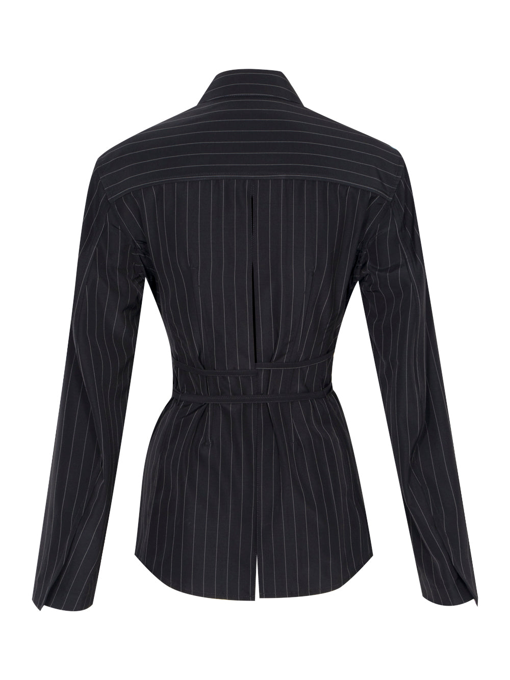 Long Sleeve Shirt W/ Back Slit Details + Self Belt (Black/White Pinstripe)