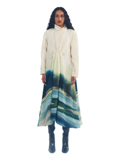 Landscape Printed Asymmetrical High Neck Pleated Dress White