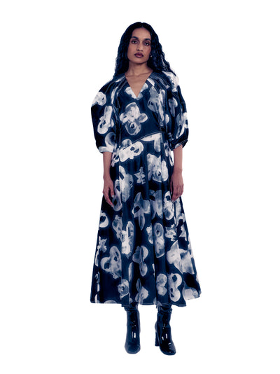 Floral Printed Dress With Belted Waist And Balloon Sleeves Black