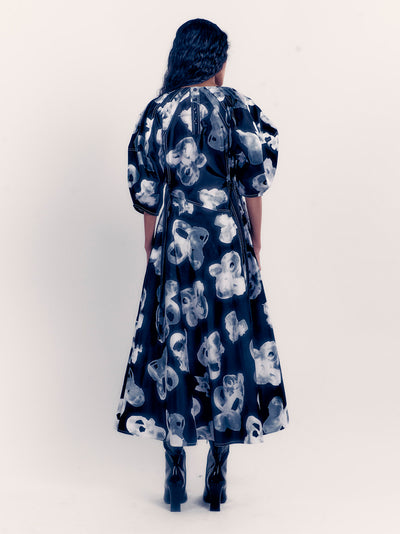 Floral Printed Dress With Belted Waist And Balloon Sleeves Black