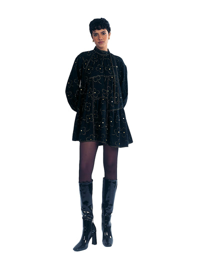 High Neck Floral Printed Mini Flared Dress (Black)